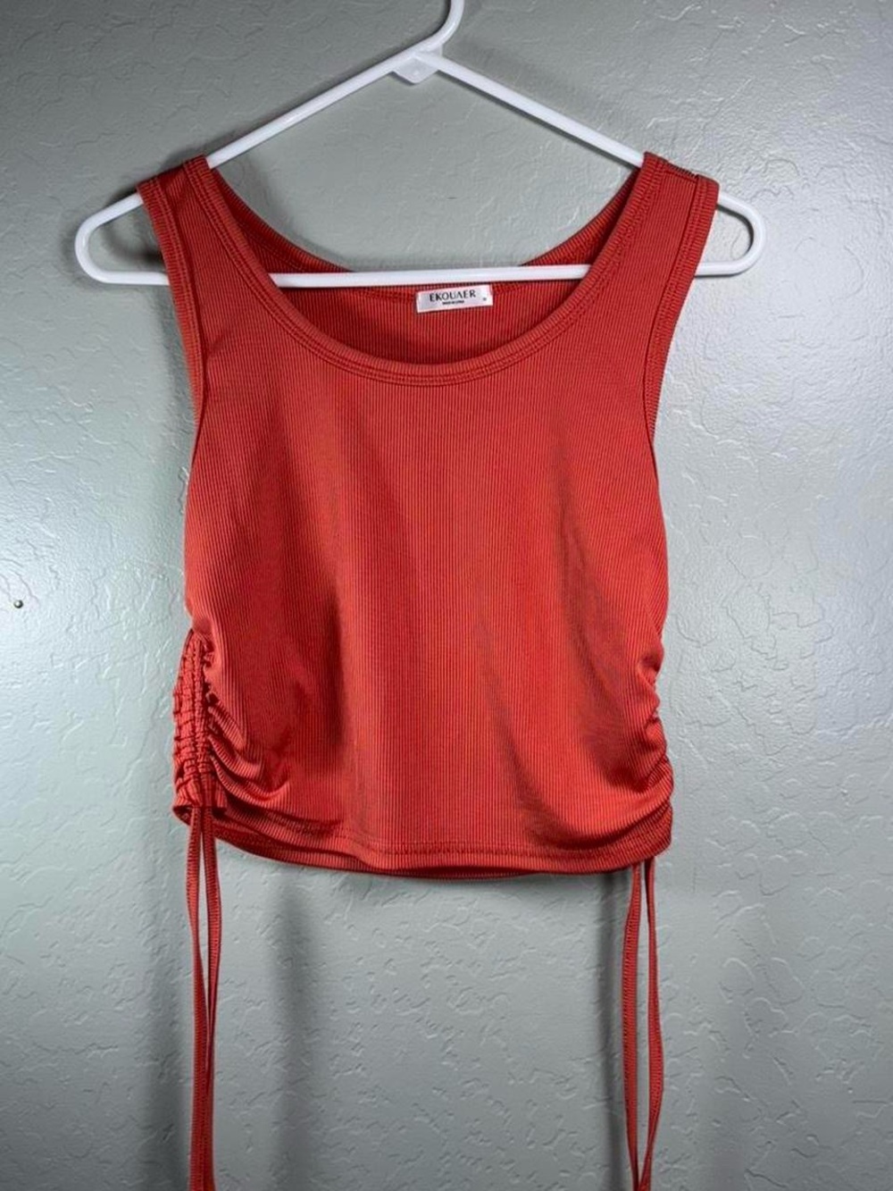 Ekouaer Ribbed Ruched Side Tie Crop Tank Top Red